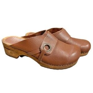 SANITA Shoes DENMARK Comfort Clogs Mules Leather Wood Sole Cognac Brown Size 38